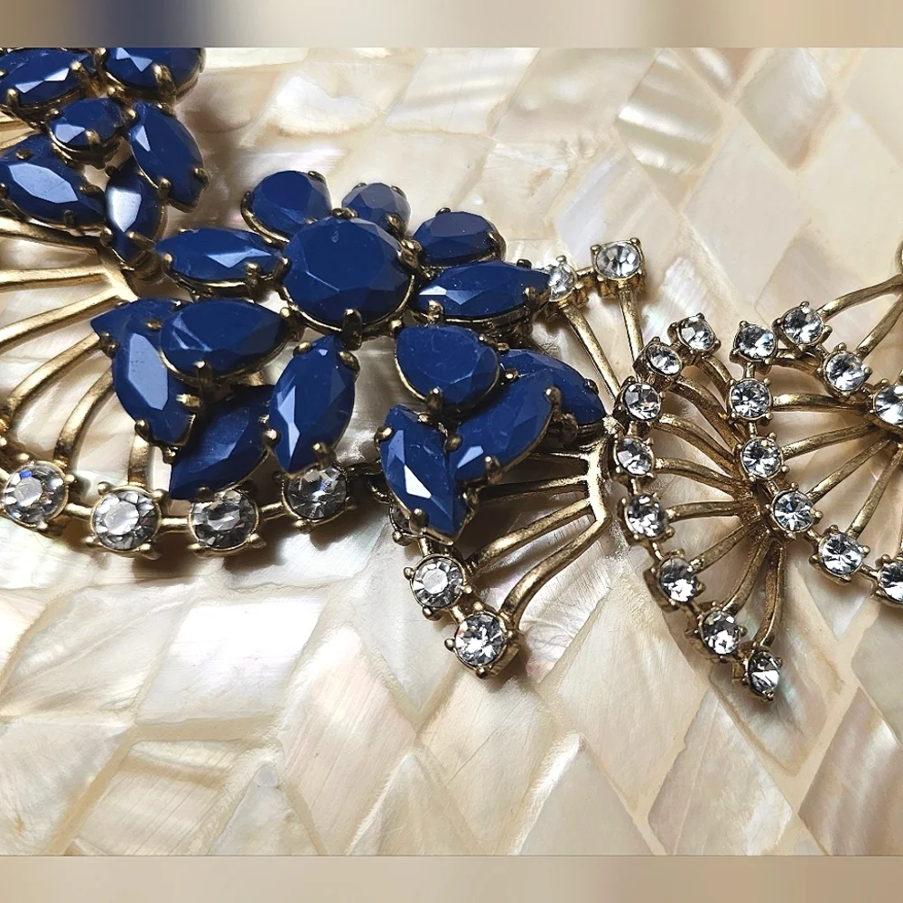 [J. CREW] Vintage Gold Tone Blue Stones Fan Crysral Gemstones Statement Necklace